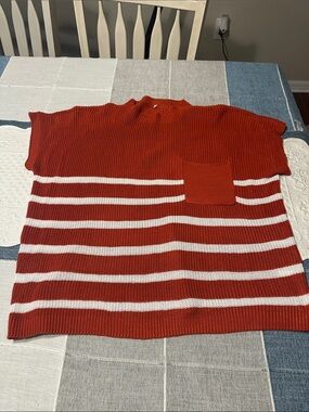 Source Unknown Rust Red and White Striped Crewneck Sweater with Patch Pocket